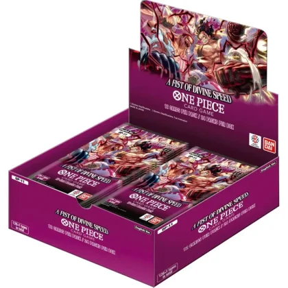 Photo by Tomato Republic Chile on May 25, 2025. An anime-style image of 1 caja de One Piece TCG OP-11 A Fist of Divine Speed Booster display